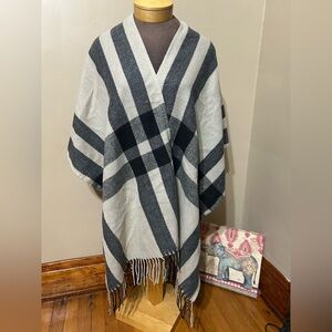 Banana Republic Women's Plaid Shawl Blanket Wrap Fringe Western Black Beige